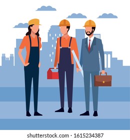 Builder woman and man and enginner standing over city urban background, colorful design, vector illustration