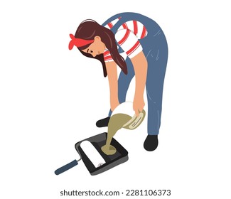 A builder woman pours paint for painting with a roller. Flat vector illustration