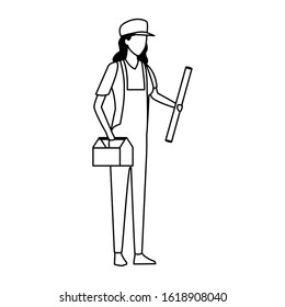 builder woman with toolsbox icon over white background, flat design, vector illustration