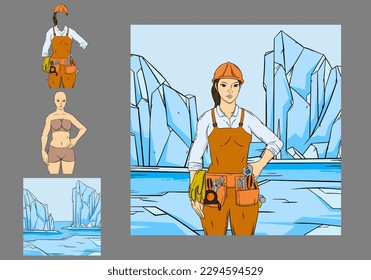 builder women on Antarctica. Antarctica and builder woman illustration. Antarctica background