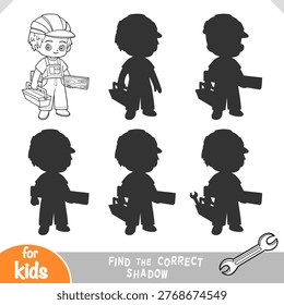 Builder with wooden plank and toolbox, find the correct shadow educational game. Black and white coloring page worksheet for train logic visual perception and attention for preschool learning