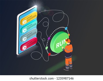 Builder work clothes in isometry and phone screen with menu
