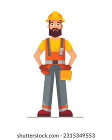 Builder at work, at a construction site. In uniform, working with materials