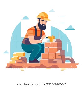 Constructor en el trabajo, en un sitio de construcción. En uniforme, trabajar con materiales