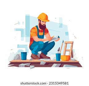 Constructor en el trabajo, en un sitio de construcción. En uniforme, trabajar con materiales