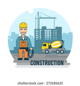 Builder at work. Mustached worker in the helmet.