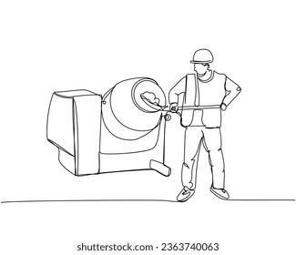 Builder in work uniform and hard hat picking up concrete from a concrete mixer one line art. Continuous line drawing of repair, hand, people, concept, support, maintenance.