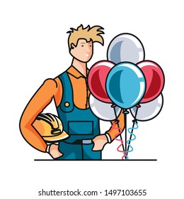 builder worker with balloons helium labor day celebration