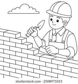Builder, Worker Building a Wall Coloring Page. Labor Day Hand Drawn Clip art