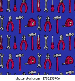Builder and worker color seamless pattern vector illustration. Construction tools with screwdriver, office knife, spanner, hammer, tape measure and pliers. Repeat pattern design for fabric.