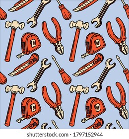 Builder and worker color seamless pattern vector illustration. Construction tools with screwdriver, office knife, spanner, hammer, tape measure and pliers. Repeat pattern design for fabric.