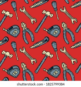 Builder and worker color seamless pattern vector illustration. Construction tools with screwdriver, office knife, spanner, hammer, tape measure and pliers. Repeat pattern design for fabric.