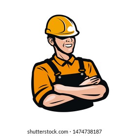 Builder or worker in construction helmet. Repair, fix, industry logo. Vector illustration