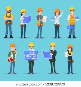 Builder worker. Construction and builder worker teams in cartoon style. Architect, contractor and repairman for renovation work.