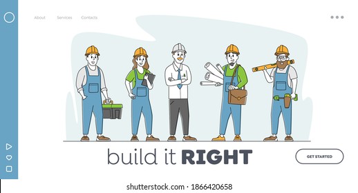 Builder, Worker Constructors Landing Page Template. Engineer Characters with Tools and Blueprints. Architects with House Plan, Professional Architecture Building. Linear People Vector Illustration