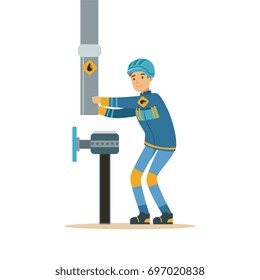 Builder worker fixing and joining industrial oil pipeline, oil industry extraction and refinery production vector Illustration