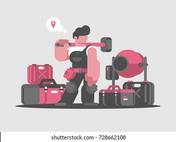 Builder worker with hammer and tools. Building profession, vector illustration