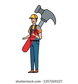 builder worker with helmet and hammer