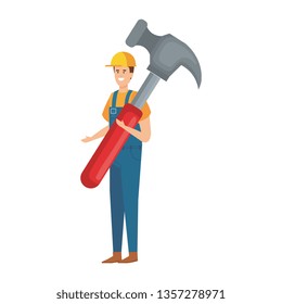 builder worker with helmet and hammer