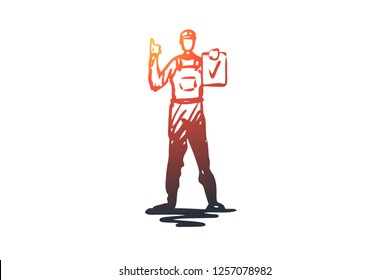 Builder, worker, helmet, repair, engineer concept. Hand drawn builder service man concept sketch. Isolated vector illustration.