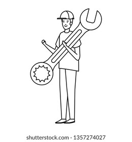 builder worker with helmet and wrench