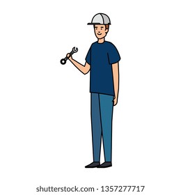 builder worker with helmet and wrench