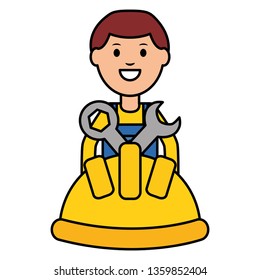 builder worker with helmet and wrench keys
