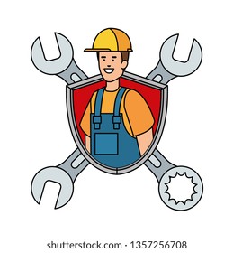 builder worker with helmet and wrenches in shield