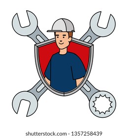 builder worker with helmet and wrenches in shield