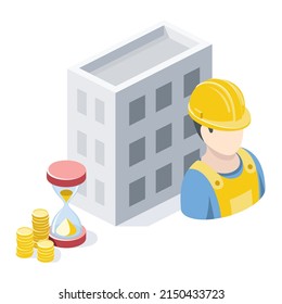 Builder worker, house, hourglass and coins. Vector 3d line isometric, color web icons, new flat style. Creative design idea for infographics.