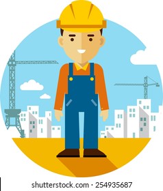 Builder worker on on construction background with buildings and tower cranes