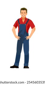 Builder. Worker in overalls. Fun cartoon style. object isolated on white background. Vector Character standing.