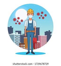 builder worker profession using face mask vector illustration design