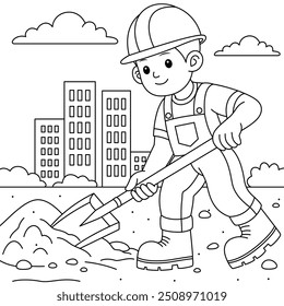 Construtor ou Trabalhador Pás de Solo Coloração Página. Clip-art desenhado à mão no Dia do Trabalho