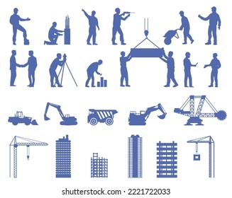 Builder worker silhouette isolated vector flat set. Engineer, repairman and carpenter work at construction site. Crane tower, building house apartment and heavy machinery