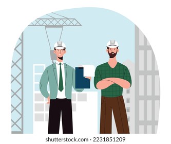 Trabajador creador y supervisor. Hombres con cascos protectores en la construcción, arquitectos y reparadores, construcción de edificios y rascacielos, arquitectura urbana. Dibujo vectorial plano de dibujos animados