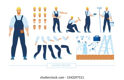 Builder, Worker in Uniform Character Constructor Trendy Flat Vector Isolated Design Elements Set. Construction Contractor in Various Poses, Body Parts, Face Expressions, Work Equipment Illustration