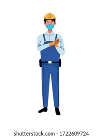 builder worker using face mask for covid 19 vector illustration design
