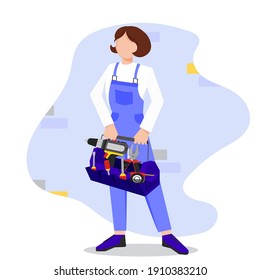 Builder worker woman with a tool box in her hands. Builders and engineers background. Vector illustration