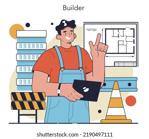 Builder. Workers constructing house with tools and materials. Process of bricklaying. City construction development. Flat vector illustration