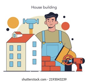 Builder. Workers constructing house with tools and materials. Process of bricklaying. City construction development. Flat vector illustration