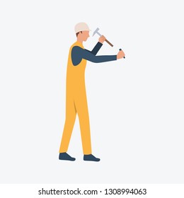 Builder working with hammer flat icon. Uniform, coverall, nails. Labor concept. Can be used for topics like construction site, building works, home repair