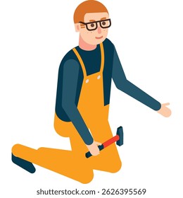 Builder working with hammer isolated vector icon