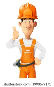 Builder. Working in helmet and overalls. Cartoon character. Work occupation. Repair specialist. Building industries. Isolated on white background. Eps10 vector illustration.