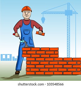 Builder working. Working mason makes laying bricks. In the background, cranes, construction. Cartoon character of the worker.
