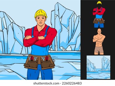 builder working on antartic. hand draw illustration builder