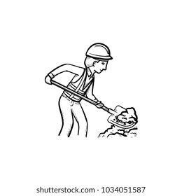 Builder working shovel hand drawn outline doodle icon. Man in hard hat building with shovel with shovel vector sketch illustration for print, web, mobile and infographics isolated on white background.