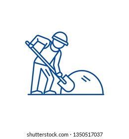 Builder working with shovel line icon concept. Builder working with shovel flat  vector symbol, sign, outline illustration.