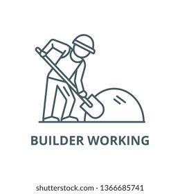Builder working with shovel line icon, vector. Builder working with shovel outline sign, concept symbol, flat illustration