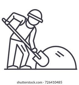 builder working with shovel vector line icon, sign, illustration on background, editable strokes